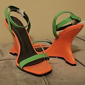 Neon pink and green cutout wedge heel